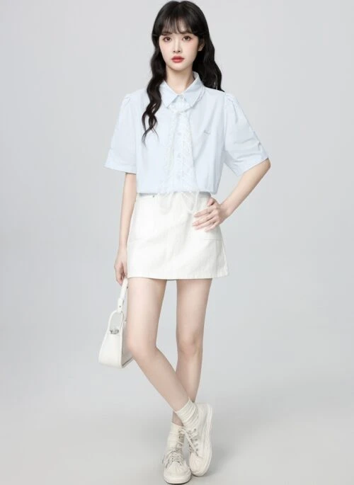Light Blue Lace Tie Collar Short Sleeve Shirt