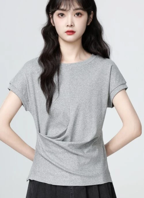 Light Gray Ruched Waist Short Sleeve T Shirt