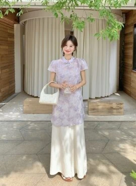 Light Purple Jacquard Modern Chinese Style Pant Set