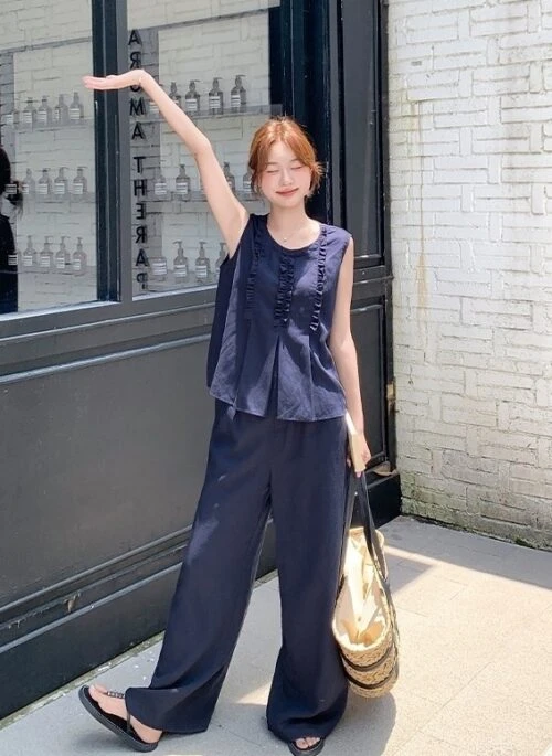 Navy Vintage Ruffle Trim Vest Wide Leg Pants Set