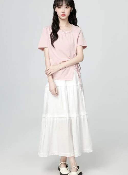 Pink Asymmetrical Tie Neck Short Sleeve Top