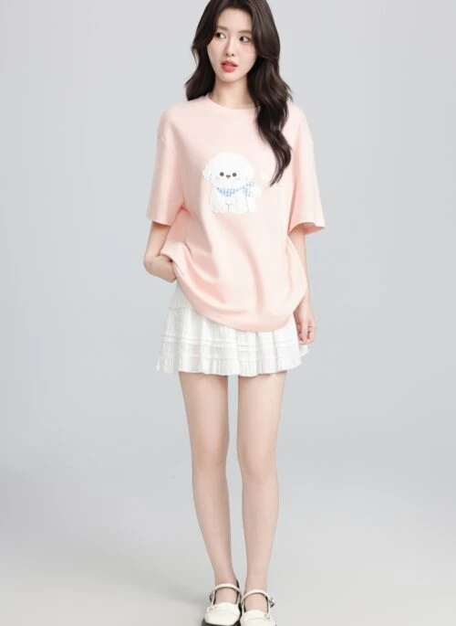 Pink Cartoon Print Casual Short Sleeve T Shirt