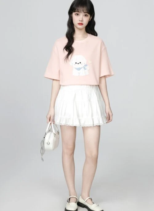Pink Cartoon Print Loose Fit Short Sleeve T Shirt