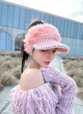 Pink Fluffy Beaded Visor Hat | Somi