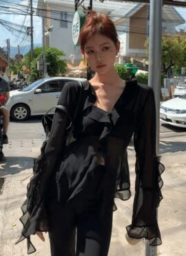 Black Sheer Ruffled Long Sleeve Top | Somi