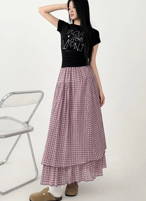 Plaid High Waist Layered A Line Maxi Skirt
