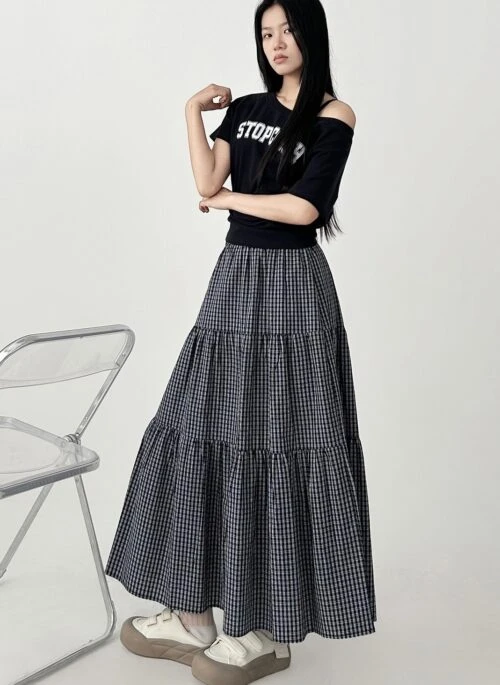 Plaid Patchwork A Line Midi Skirt