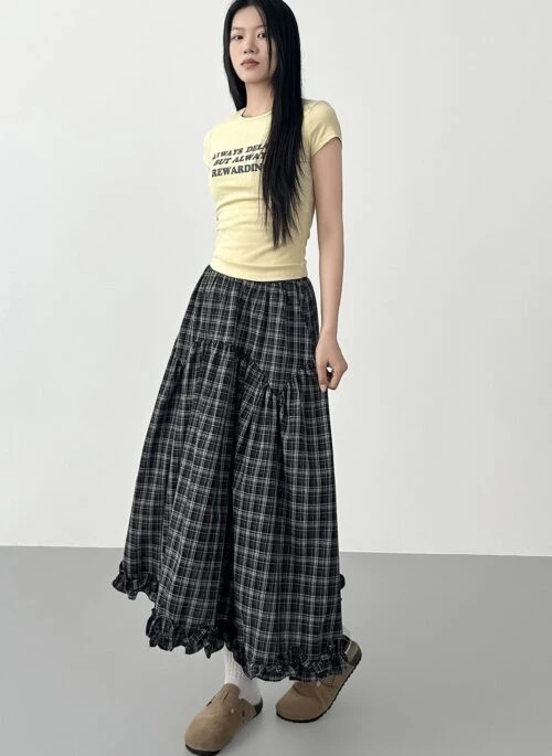 Plaid Ruffle Hem A Line Maxi Skirt