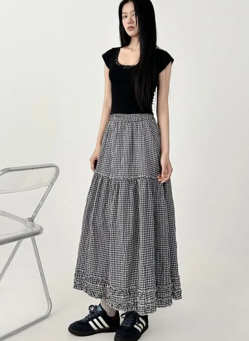 Plaid Ruffle Hem Flowy A Line Maxi Skirt
