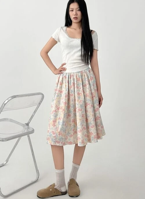 Pleated A Line Midi Skirt With Elastic Waist