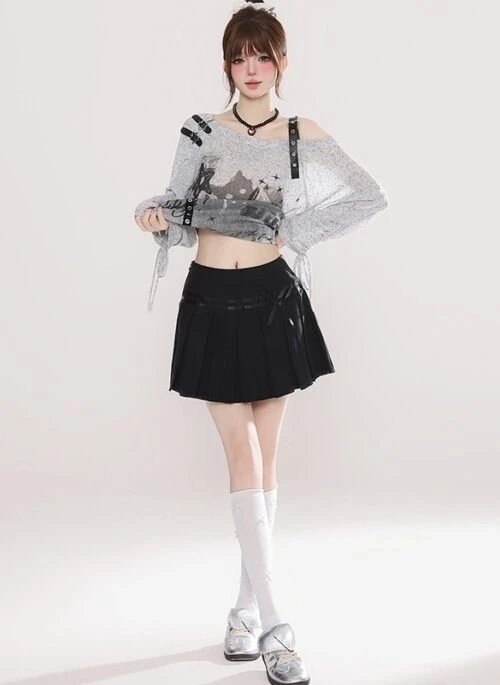Pleated Bow High Waist A Line Mini Skirt