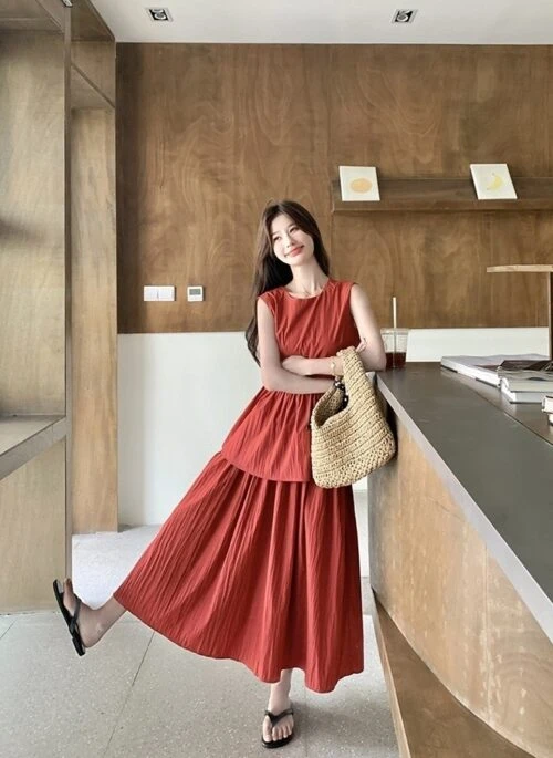 Red Backless Tie Vest And Skirt Set