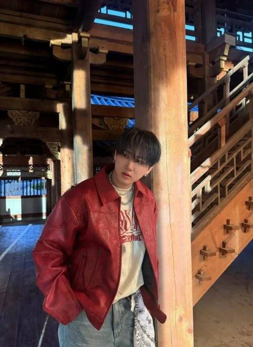 Red Collared Faux Leather Jacket | Changbin - Stray Kids