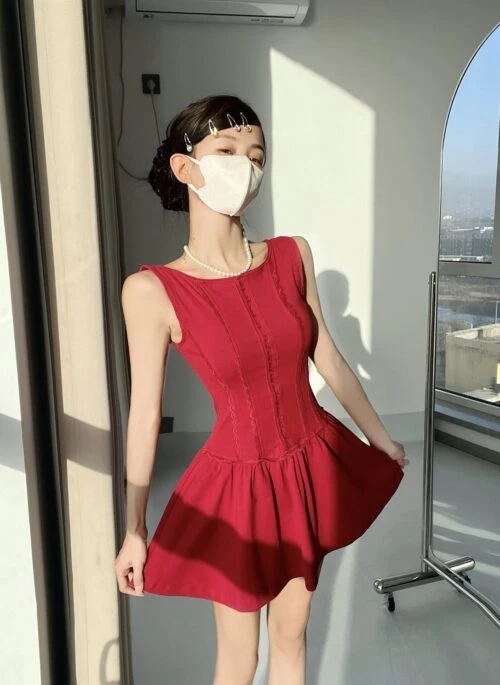 Red Lace Lining Buttoned Dress | Ahyeon - BabyMonster