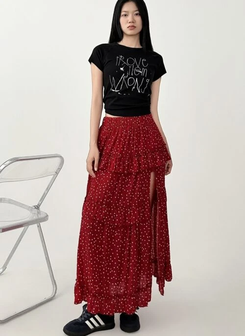 Red Polka Dot Tiered Maxi Skirt