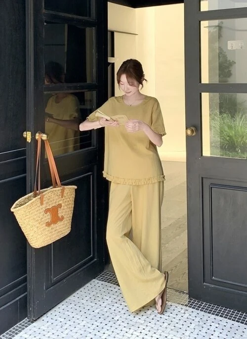 Ruffle Trim Short Sleeve Fashion Two Piece Set