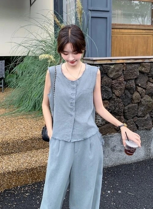 Sleeveless Vest Set With Wide Leg Pants