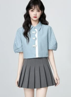 Striped Blue Short Sleeve Polo Collar Shirt