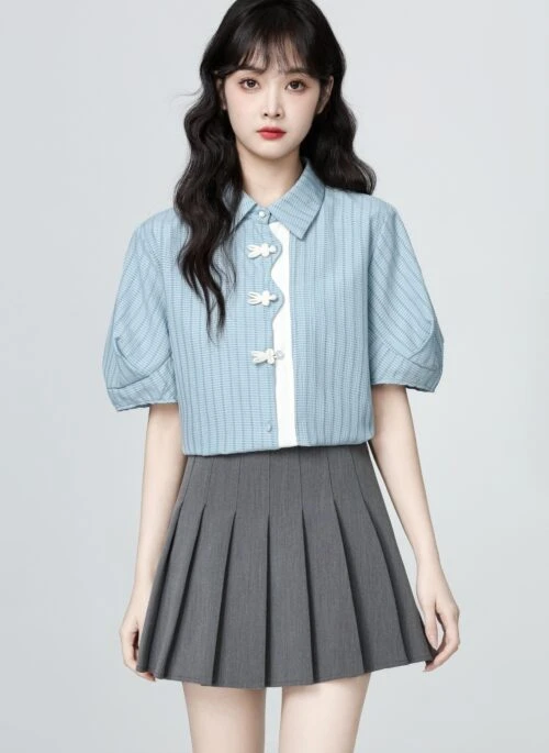 Striped Blue Short Sleeve Polo Collar Shirt