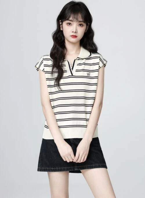 Striped Knit Polo Short Sleeve Top Summer Style