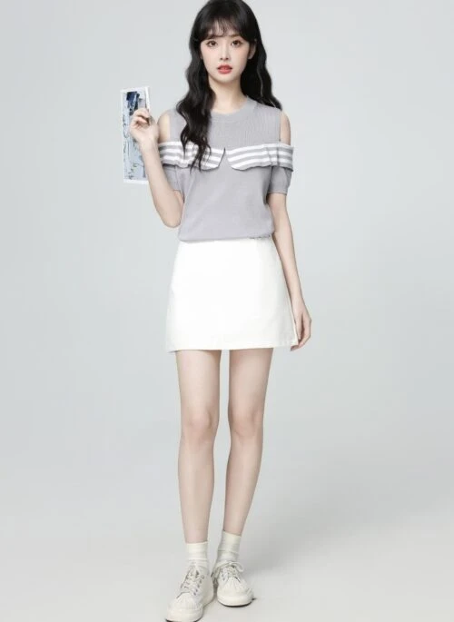 Striped Off Shoulder Knit Short Sleeve Top Gray