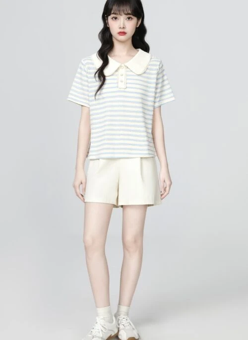 Striped Polo Collar Short Sleeve Hollow Out Top
