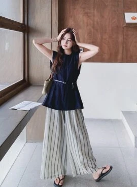Striped Relaxed Fit Vest And Wide Leg Pants Set