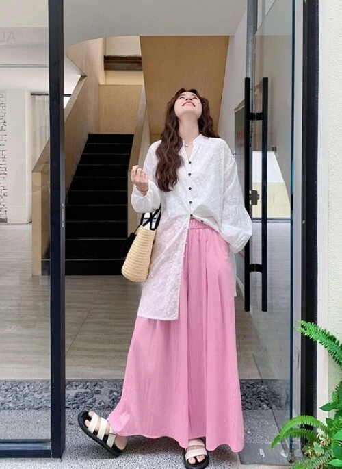 Stylish Pink Wide Leg Pants Shirt Set