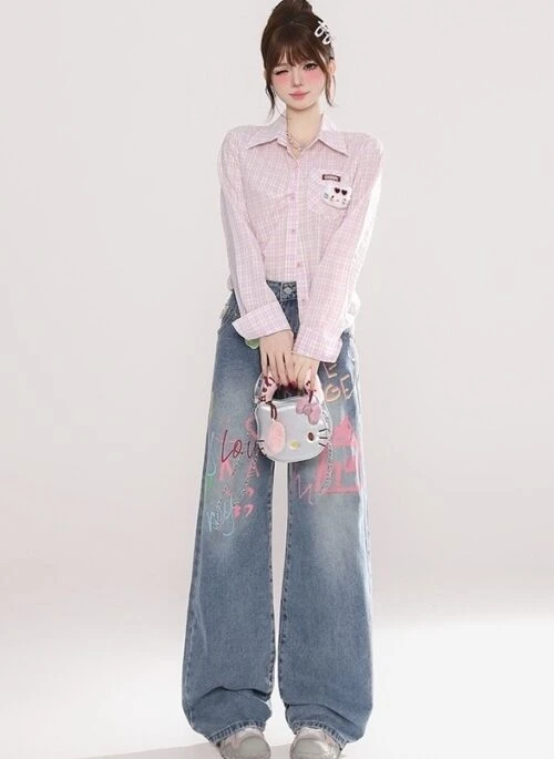Vintage Graffiti Letter Print Loose Denim Wide Leg Pants