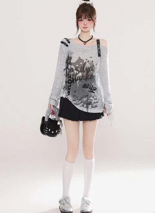 Vintage Letter Print Off Shoulder Long Sleeve Top