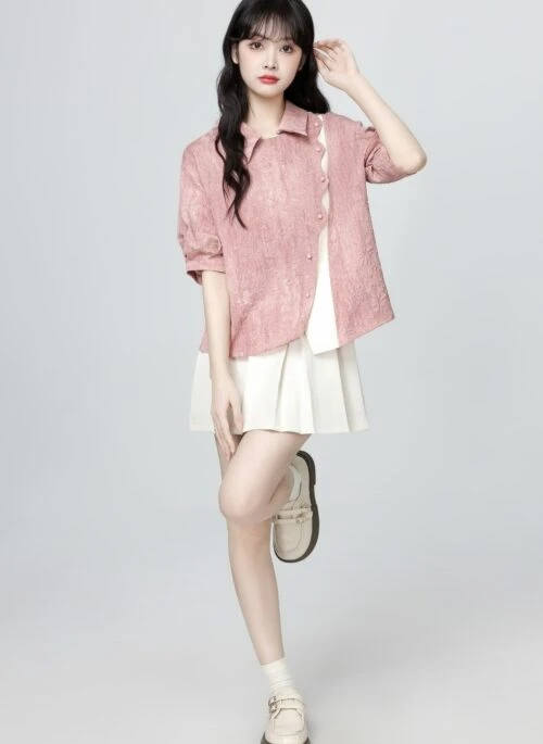 Vintage Pink Short Sleeve Polo Collar Shirt