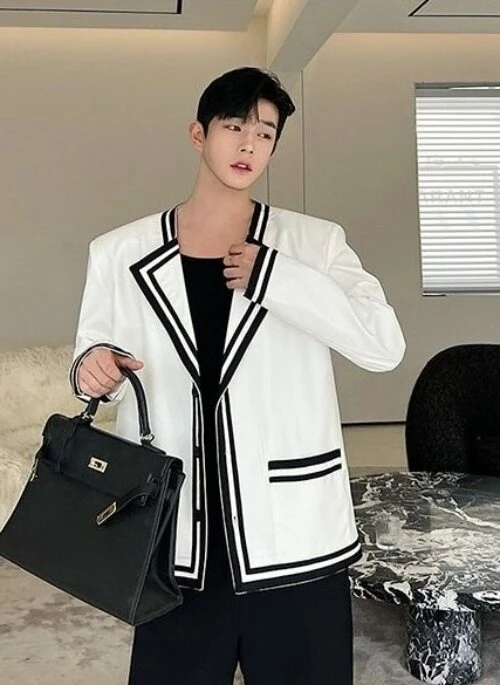 White Contrast Linings Blazer Jacket | Pyo Nam Kyung - Resident Playbook