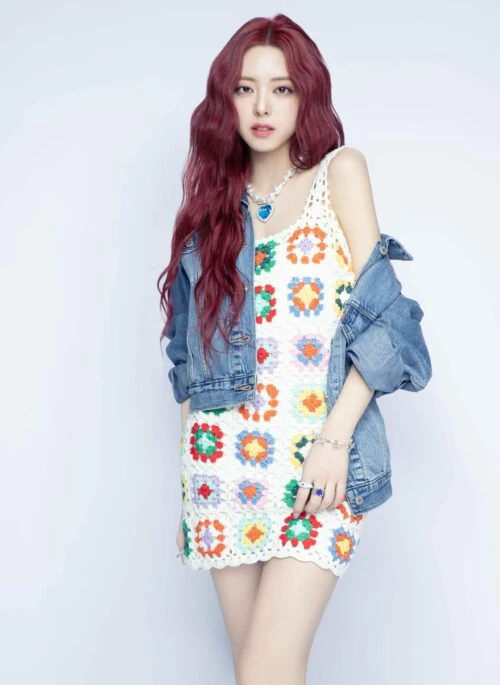 White Hollow Crochet Dress With Multicolored Patches | Yuna – ITZY
