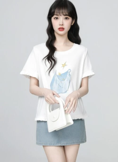 White Ruffle Sleeve Printed Loose Crewneck Tee