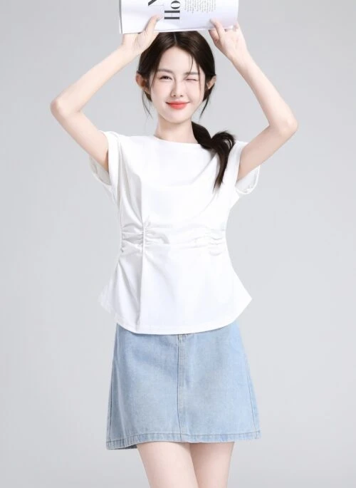 White Ruffle Sleeve Ruched Waist Casual Top