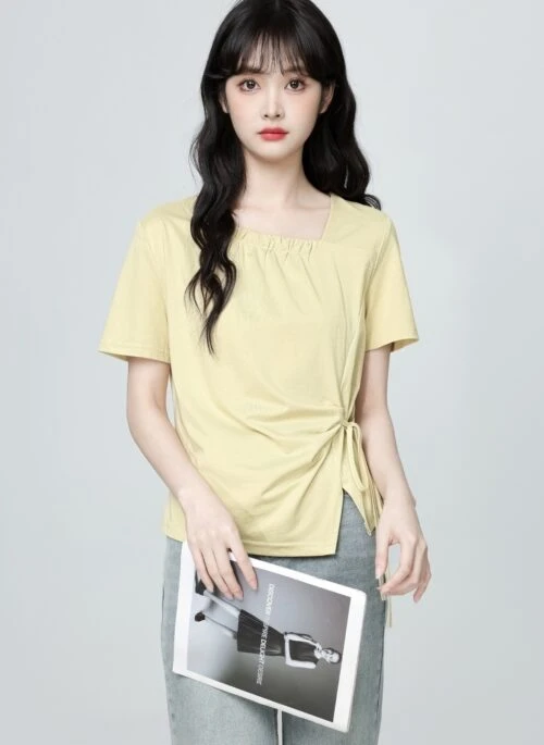 Yellow Asymmetric Tie Neck Short Sleeve Top