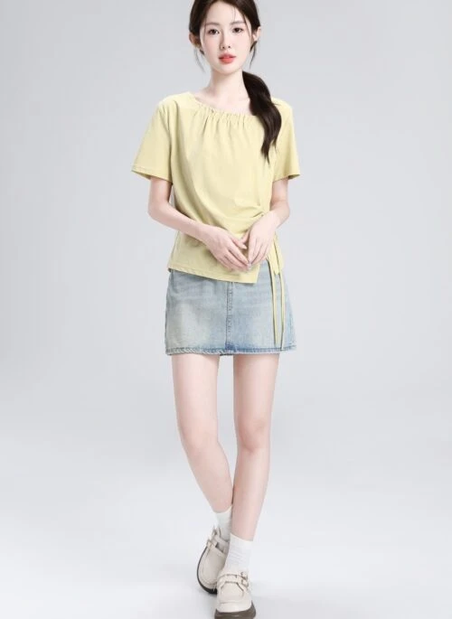 Yellow Asymmetrical Short Sleeve Tie Top