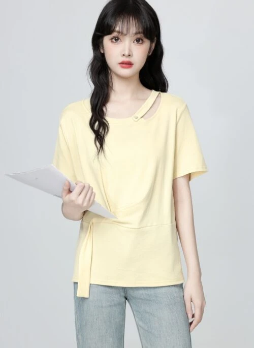 Yellow Hollow Out Irregular Design Short Sleeve Top
