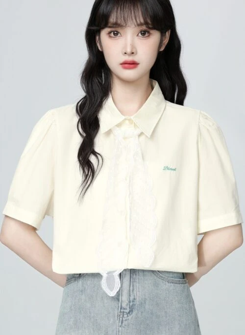 Yellow Lace Puff Sleeve Polo Collar Shirt