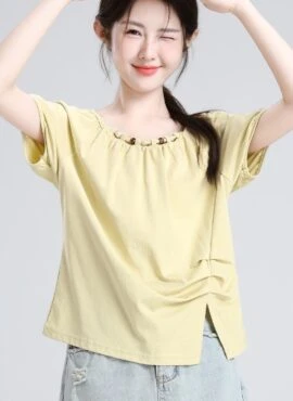Yellow Ruched Split Hem Short Sleeve Top