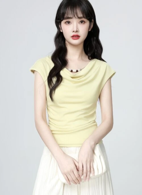 Yellow Ruched Waist Short Sleeve Top