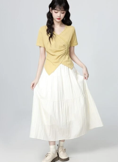Yellow V Neck Short Sleeve Slim Fit Top