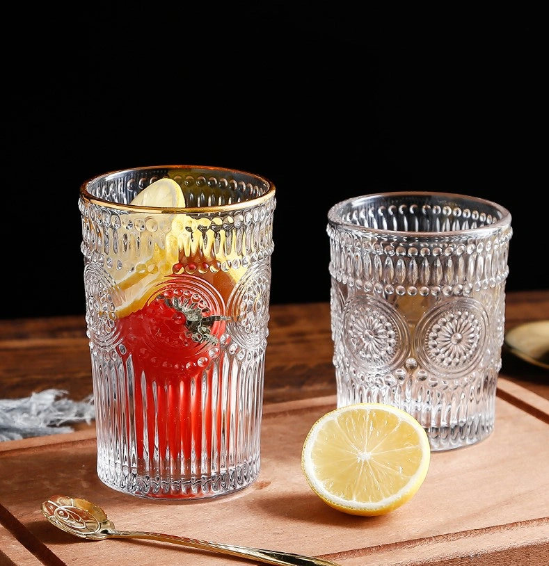 Flower Embossed Drinking Glass with Gold Lid