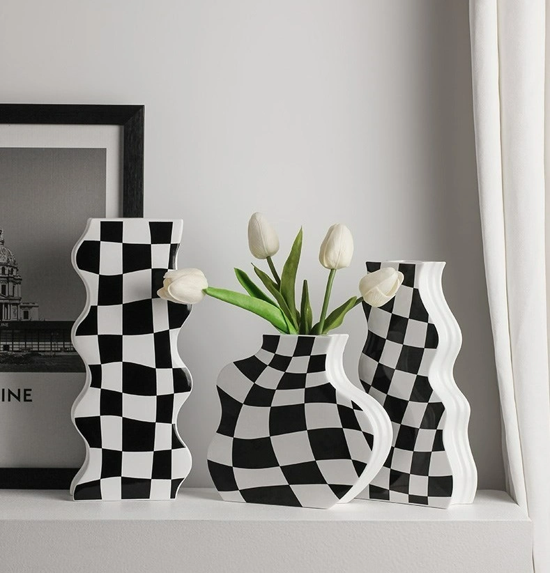 Black and White Checkered Irregular Shaped Vase