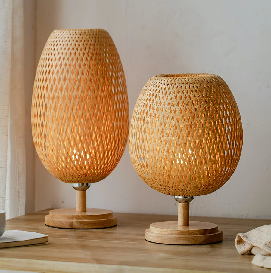 Bamboo Weave Table Lamp with Wooden Base