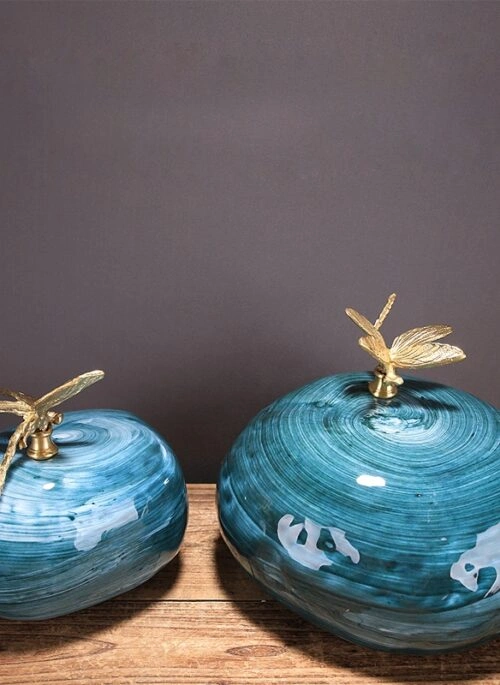 Blue Painted Ceramic Ornaments with Dragonfly Detail