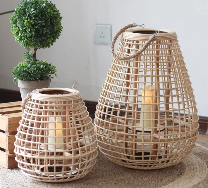 Oval Wood Rattan Candle Lantern