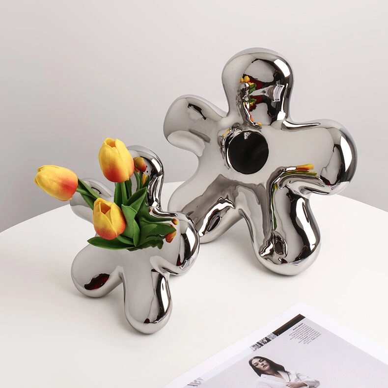 Silver Chrome Ceramic Flower-shaped Vase