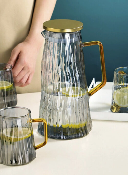 Glass Water Textured Mug and Kettle with Gold Handle