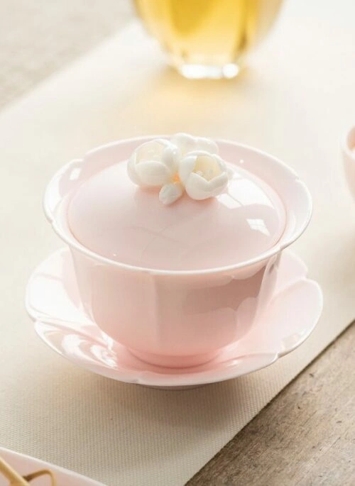 Pink Ceramic Tea Bowl Set with White Flower Handle